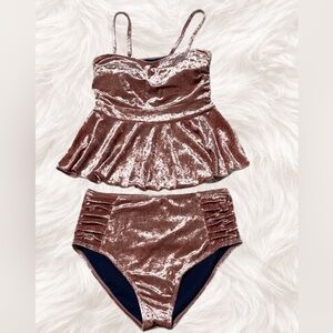 RAD Swim Velvet High Waisted Bikini Set Peplum Top Pinup Shiny Retro Glam M